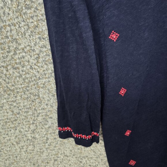 Talbots Top Womens Medium Navy Blue Embroidered Neck Tie Cotton Tee Casual - Picture 3 of 7